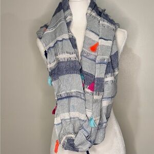 Betsey Johnson Blue and Gray Striped Infinity Scarf with Colorful Tassels